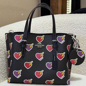 COACH Mollie Tote Bag 25 With Heart Bolt Print and Mirror Charm